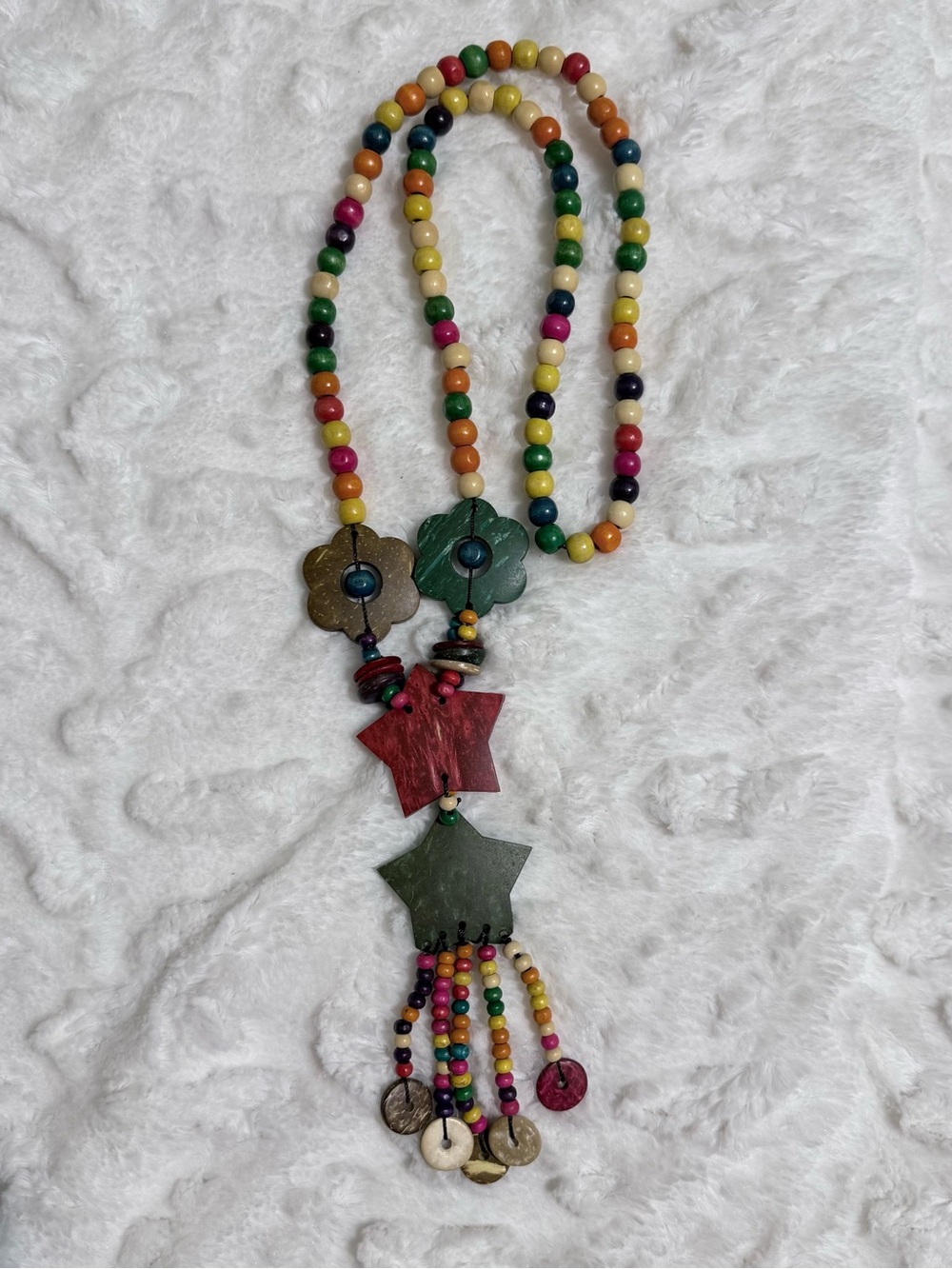 Colorful Multicolor Wood Beaded w/Star & Flower Pendant Necklace
